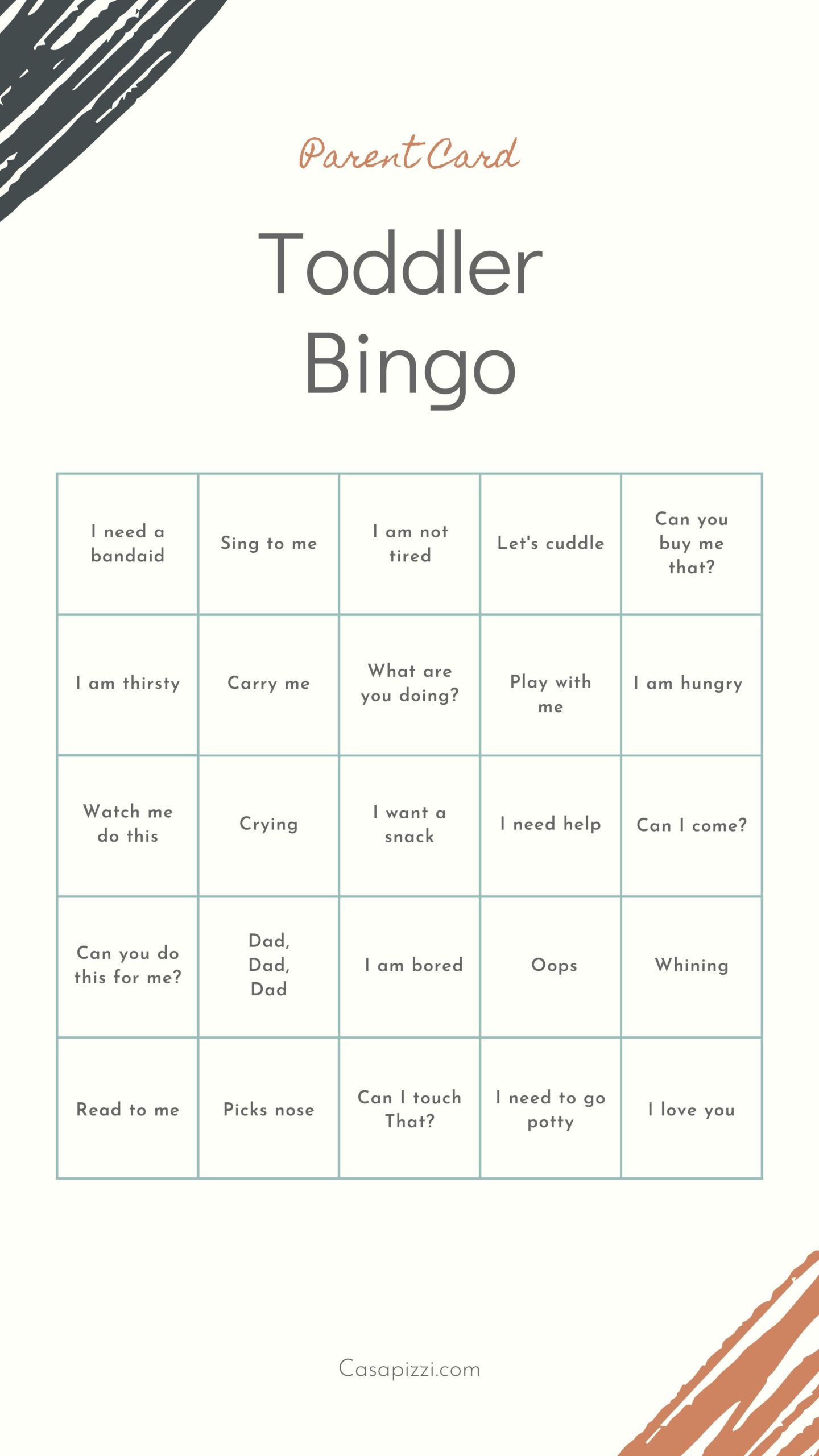 Printable toddle bingo card for mom