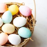 Sugar covered plastic easter eggs in a basket ready to paint