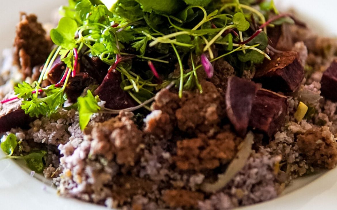 Purple Cauliflower Rice Bowl | Purple Sweet Potatoes, Venison, and Sundried Tomatoes.