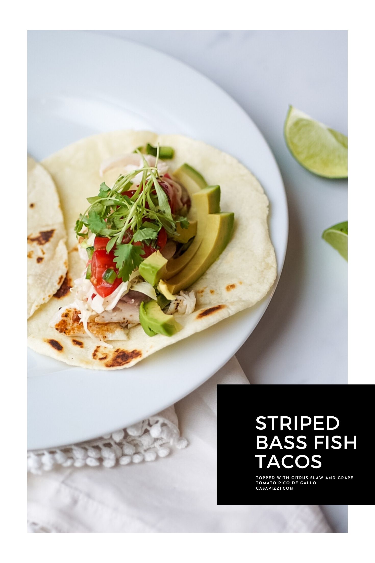 Striped bass fish tacos with bell pepper citrus slaw and grape tomato pico de gallo - gluten free recipe