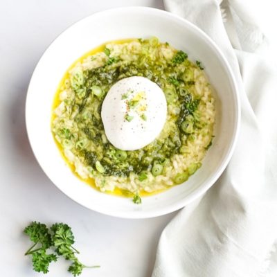 Mint risotto with black truffle burrata recipe