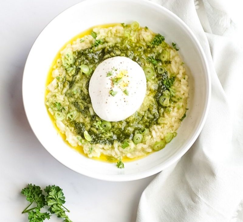 Risotto with Mint Pesto and Black Truffle Burrata Cheese