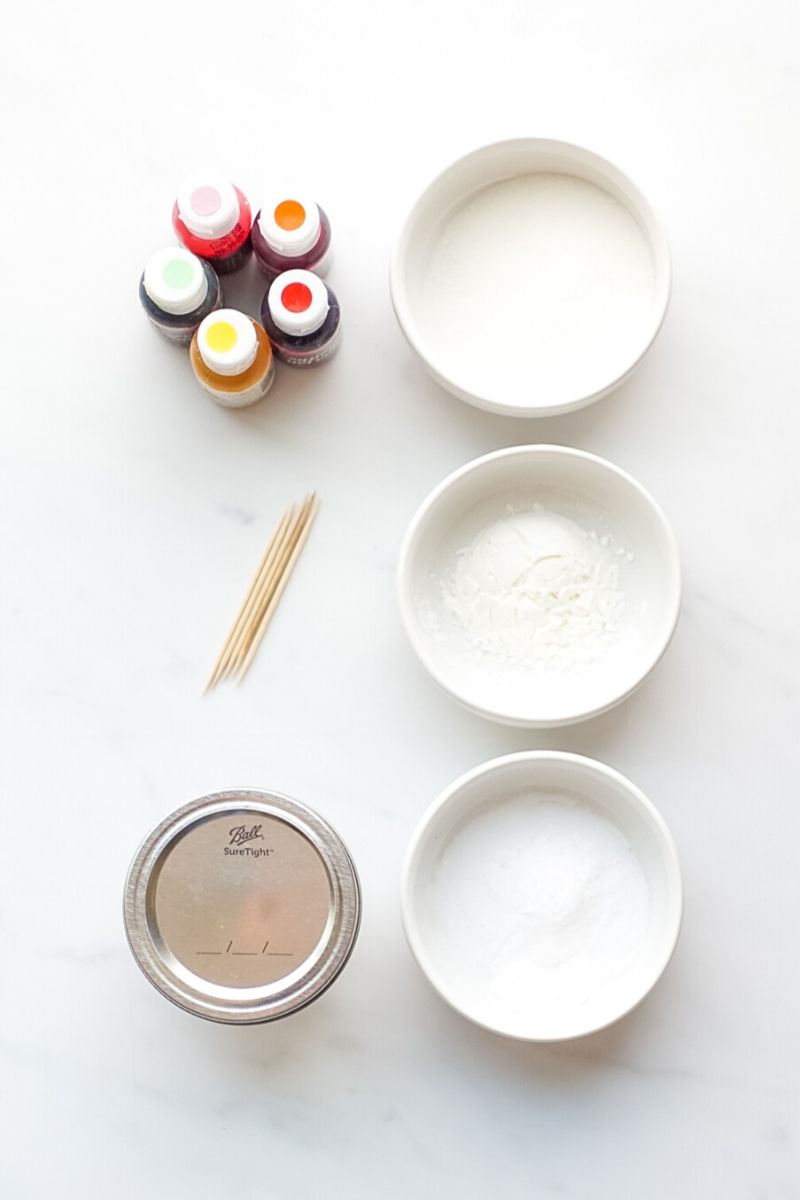 Ingredients to make doll food jars with color and scent. Printable labels included