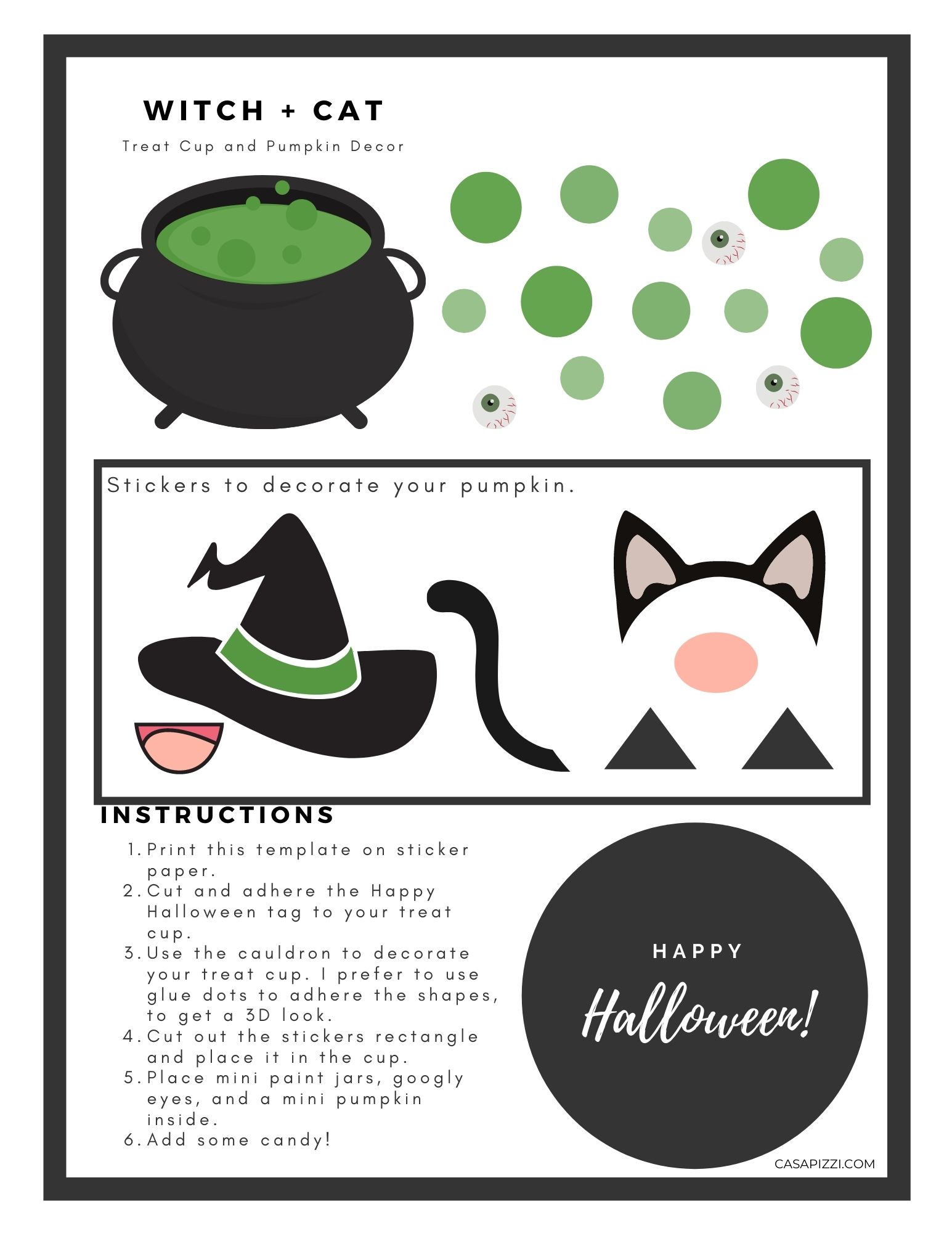 Free printable to decorate treat cup and mini pumpkin | Witch + Cat.