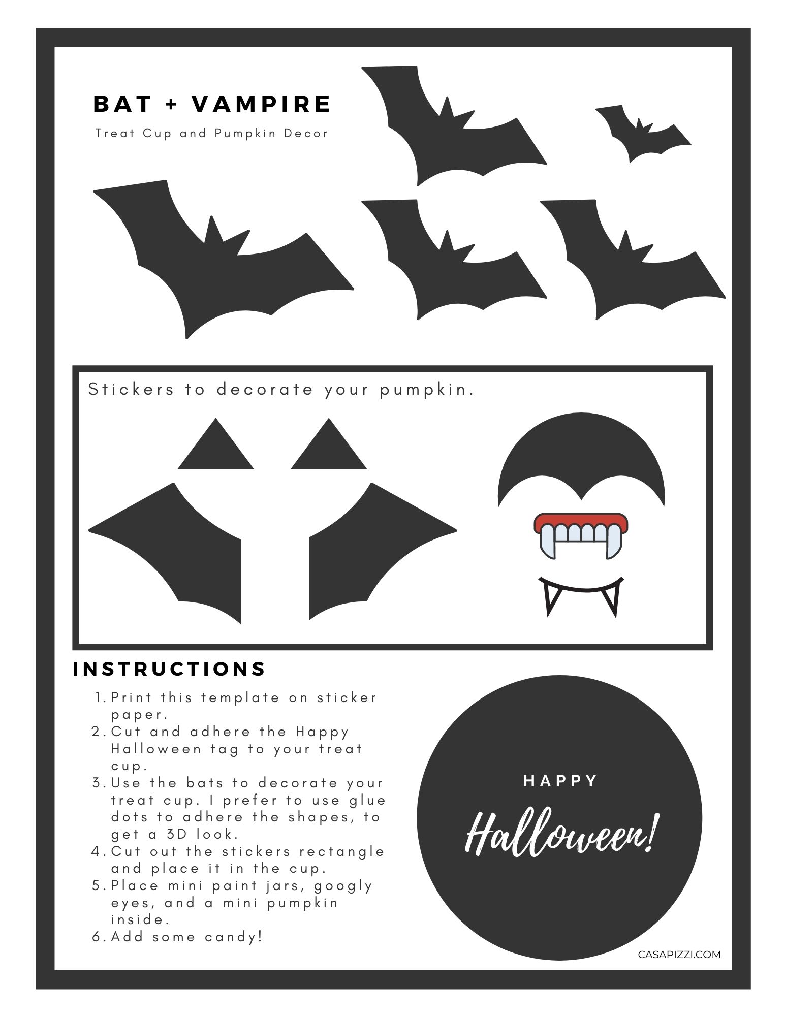 Free printable to decorate treat cup and mini pumpkin | Bat + Vampire.