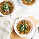 Chili with fried carnitas and chile verde sauce