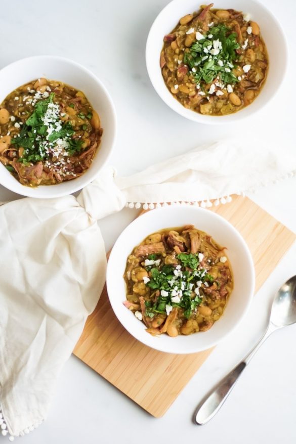 Chili with fried carnitas and chile verde sauce