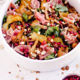 Beautiful Fall Kale Salad with Chanterelle Mushrooms, Acorn Squash, Prosciutto, and Pomegranates | Recipe