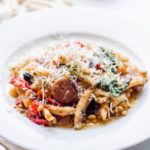 Easy Recipe for Homemade Pasta with Hot Italian sausage, Fennel, Kale, Sun-Dried Tomatoes, and Pine Nuts