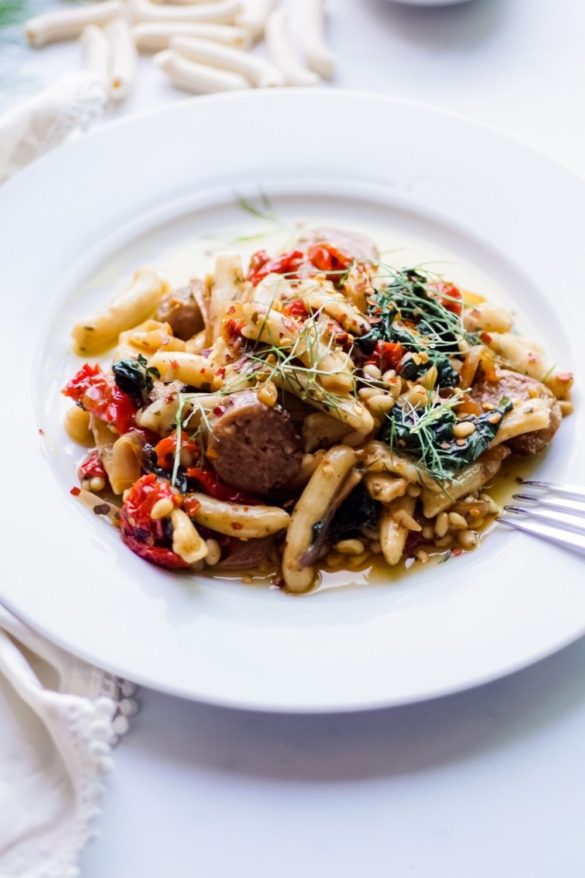 Easy Recipe for Homemade Pasta with Hot Italian sausage, Fennel, Kale, Sun-Dried Tomatoes, and Pine Nuts